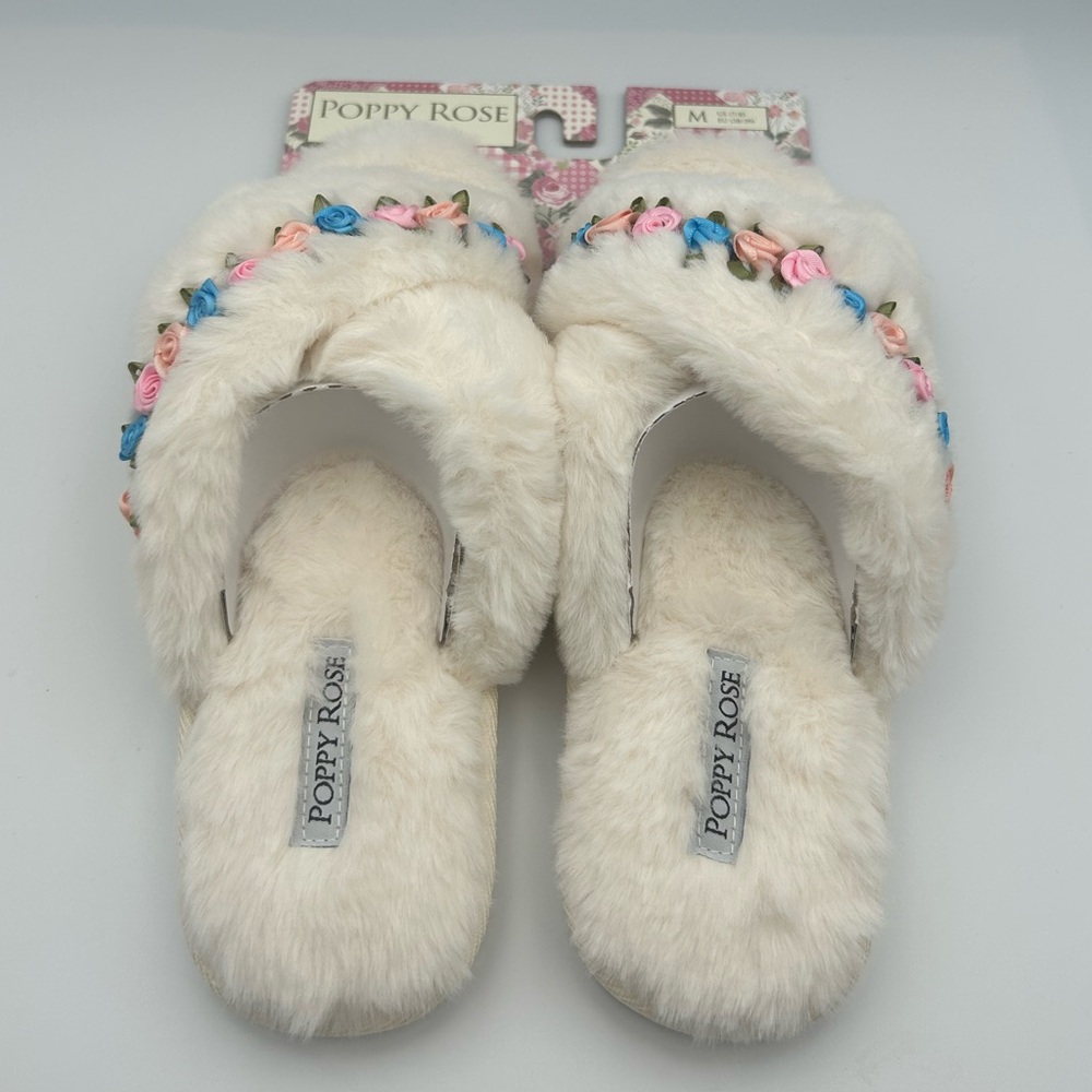 *New* Poppy Rose Ivory Fuzzy Slippers with Colorful Flower/Rose Trim Size 7-8 - Picture 7 of 8
